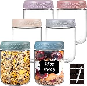 Gemice 6-Pack 16oz Glass Mason Jars with Silicone Sleeves, Airtight BPA-Free Overnight Oats Containers with Lids, Dishwasher Safe Leak-Proof Meal Prep Jars for Chia Pudding, Yogurt, Snacks Review